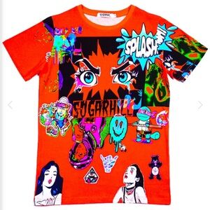 Sugar Hill Slit Psycho Orange Graphic Short Sleeve Tee T-shirt Women Size S